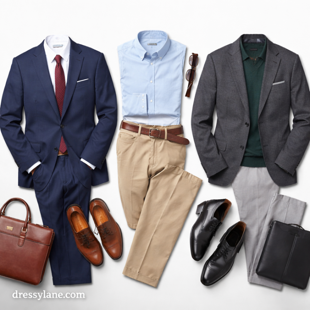 Flat lay of men’s professional and business casual clothing arranged for a job interview, including suits, shirts, shoes, and accessories.