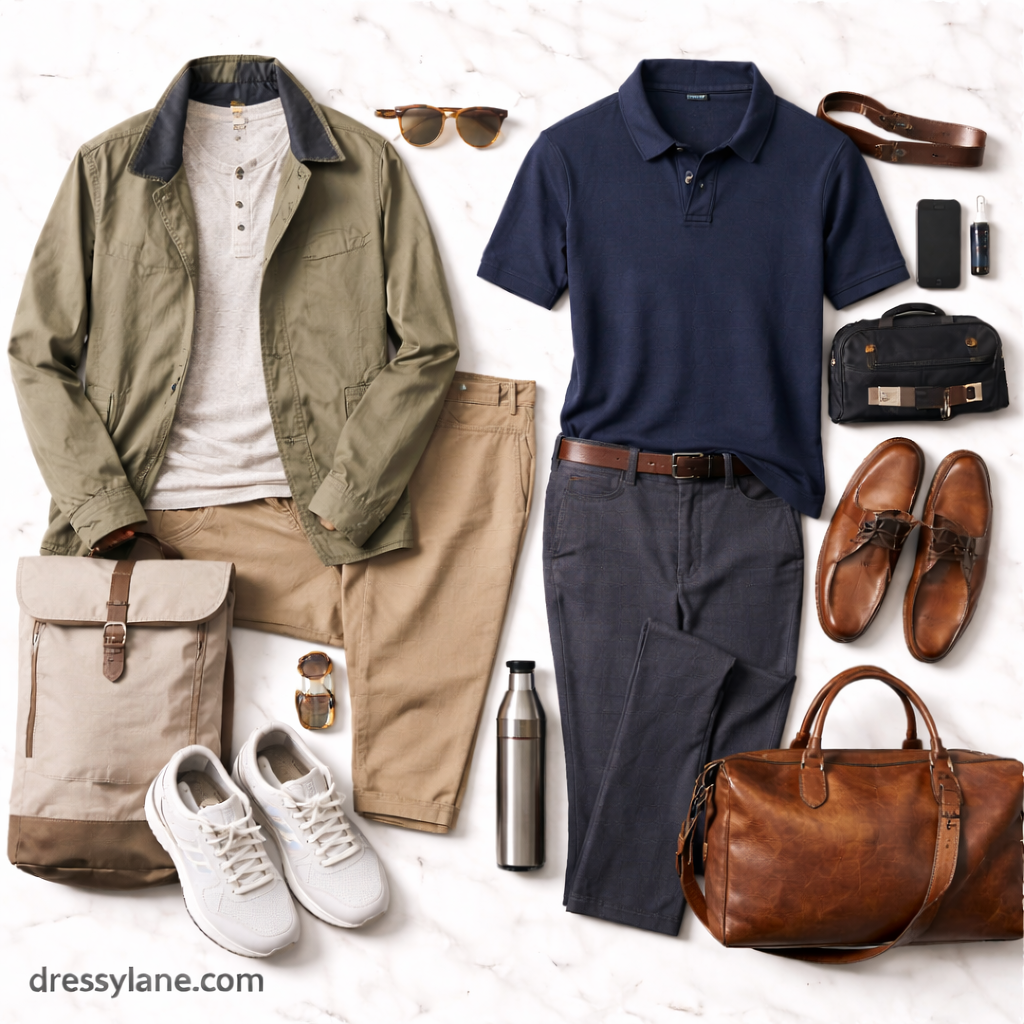 Flat lay of men’s travel outfits featuring versatile tops, full-length pants, comfortable shoes, bags, and accessories styled for last-minute packing.
