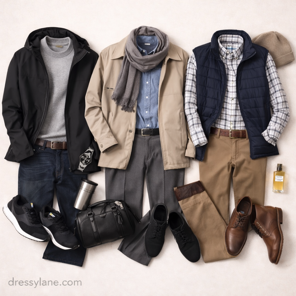 Flat lay of men’s layered outfits featuring jackets, sweaters, shirts, scarves, shoes, and accessories for changing weather conditions.
