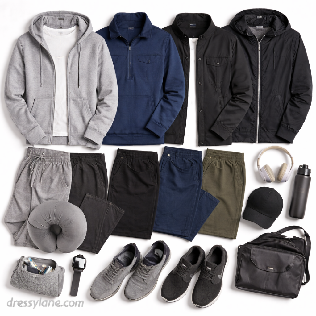 Flat lay of men’s long flight outfits featuring hoodies, travel jackets, joggers, sneakers, and comfort-focused travel accessories.