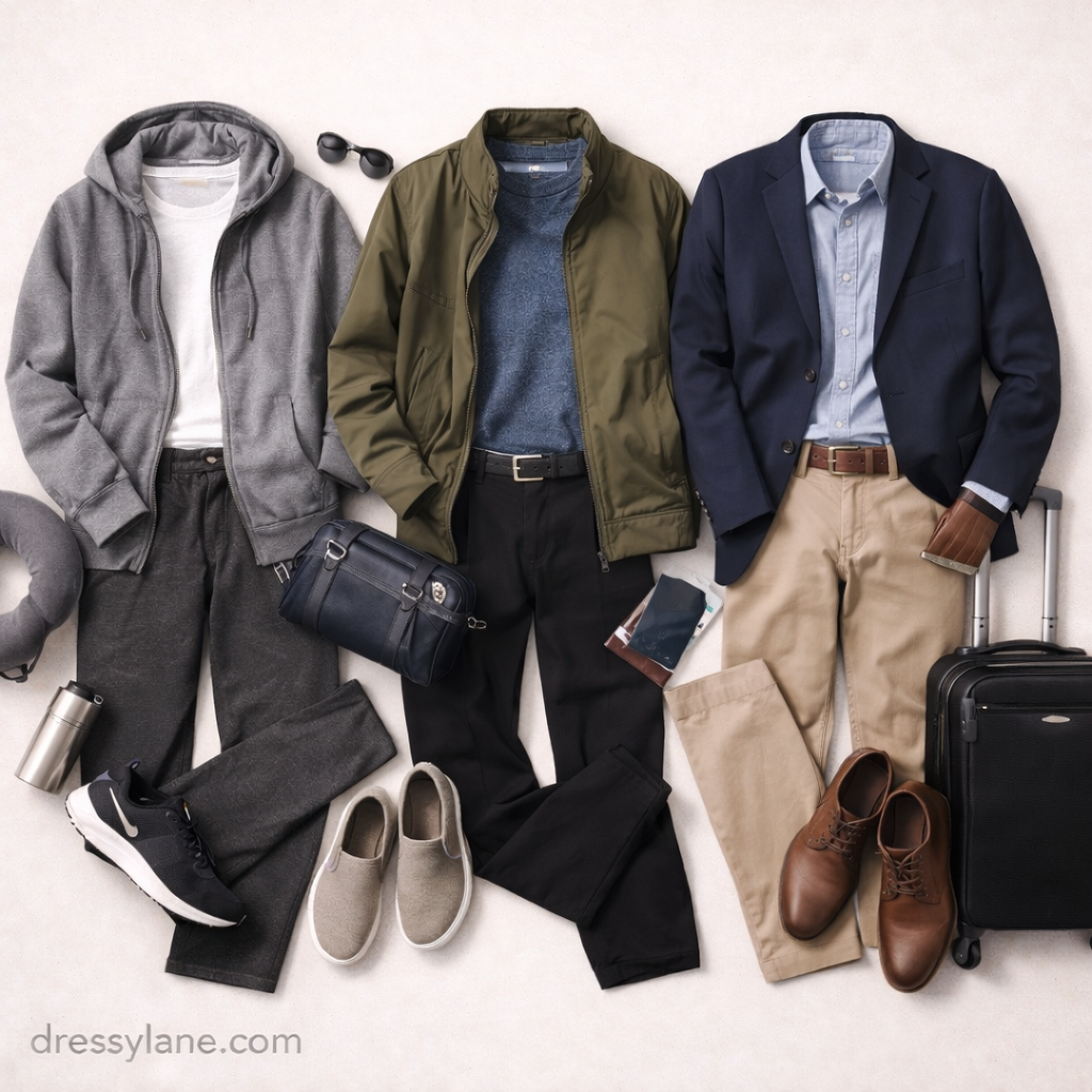 Flat lay of men’s comfortable travel outfits featuring hoodies, jackets, blazers, shoes, bags, and travel accessories.