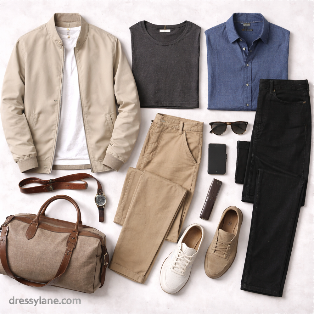Flat lay of men’s minimalist clothing featuring neutral jackets, simple tops, tailored pants, classic shoes, and understated accessories.