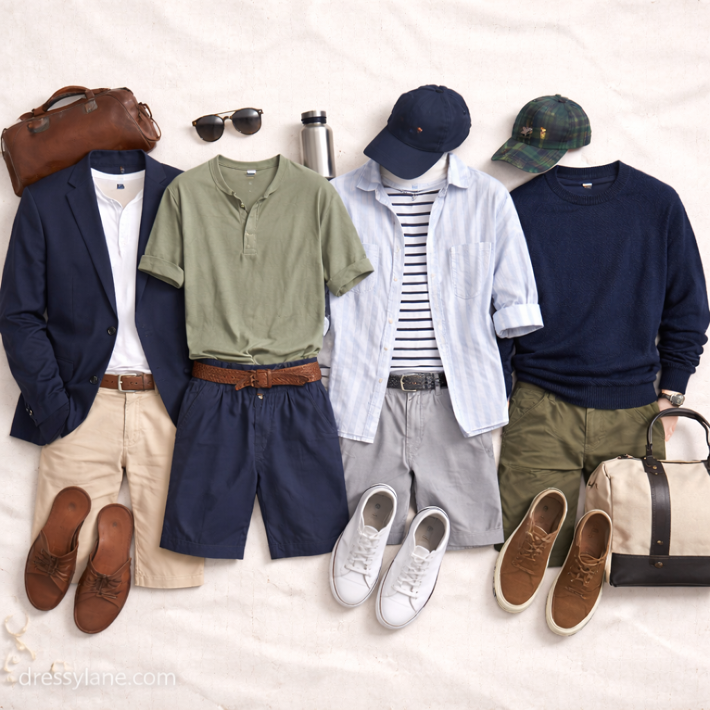 Flat lay of men’s outfits featuring navy jackets, navy shirts, navy shorts, and navy sweaters paired with neutral pants, shoes, and accessories.