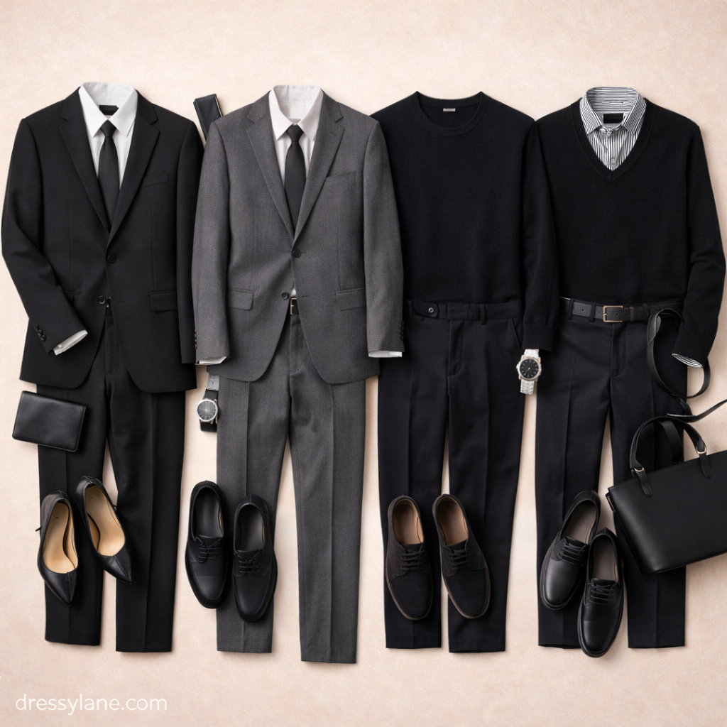 Flat lay of men’s respectful outfits for serious events featuring dark suits, tailored trousers, and understated accessories.
