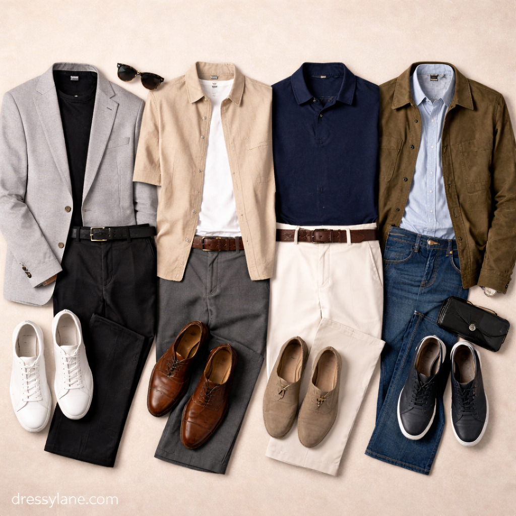 Flat lay of men’s party outfits with stylish casual and semi-formal clothing paired with low-profile shoes.