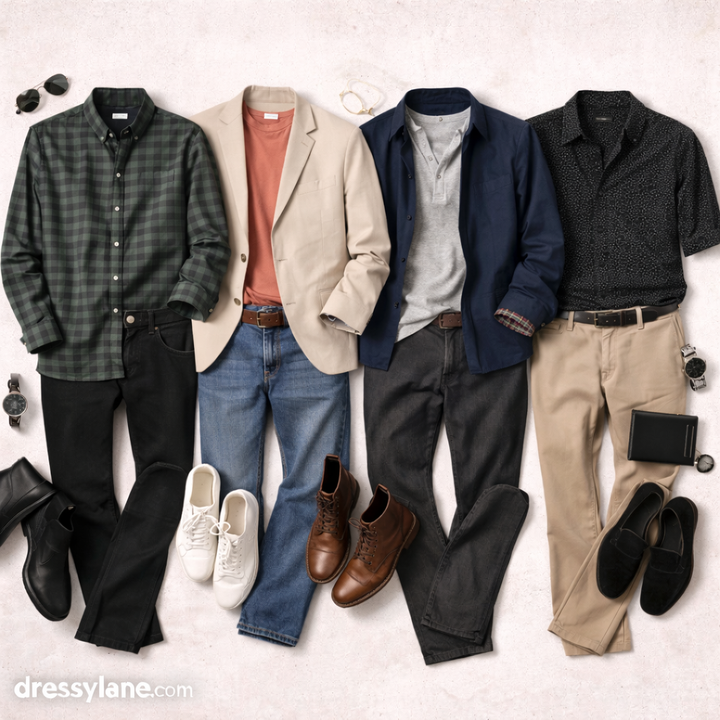 Flat lay of men’s party outfits featuring casual blazers, shirts, jeans, trousers, shoes, and accessories styled for social events.