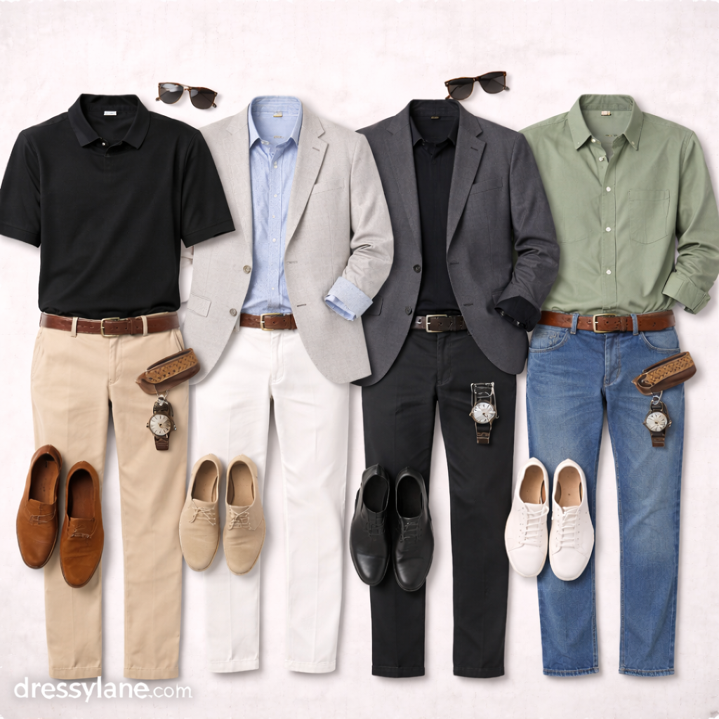 Flat lay of men’s party outfits and shoes featuring loafers, dress shoes, casual sneakers, shirts, full-length pants, and accessories styled for social events.