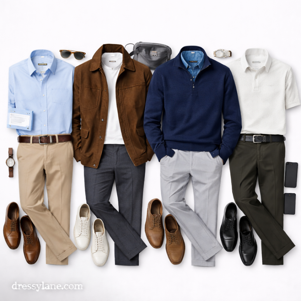 Flat lay of men’s professional outfits without suits, featuring button-down shirts, sweaters, jackets, tailored pants, and polished shoes.