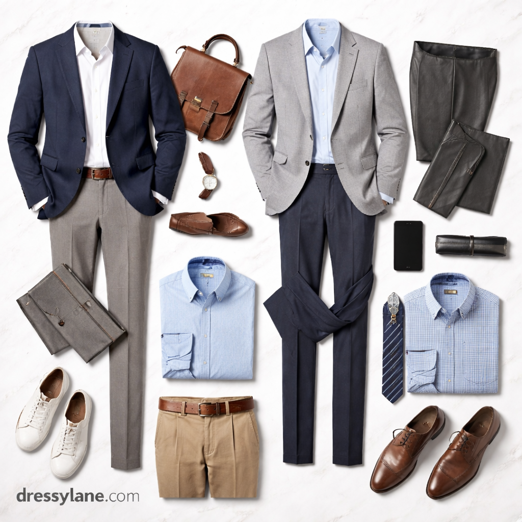 Flat lay of affordable men’s professional workwear featuring blazers, shirts, trousers, shoes, and accessories arranged neatly on a clean background.