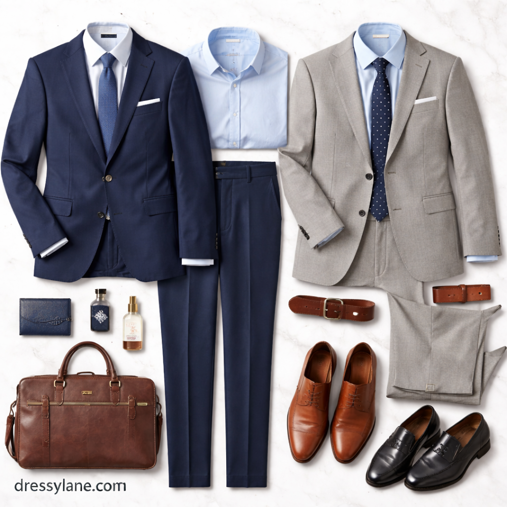 Flat lay of men’s professional clothing including tailored suits, dress shirts, ties, leather shoes, belt, briefcase, and accessories styled for a promotion interview.