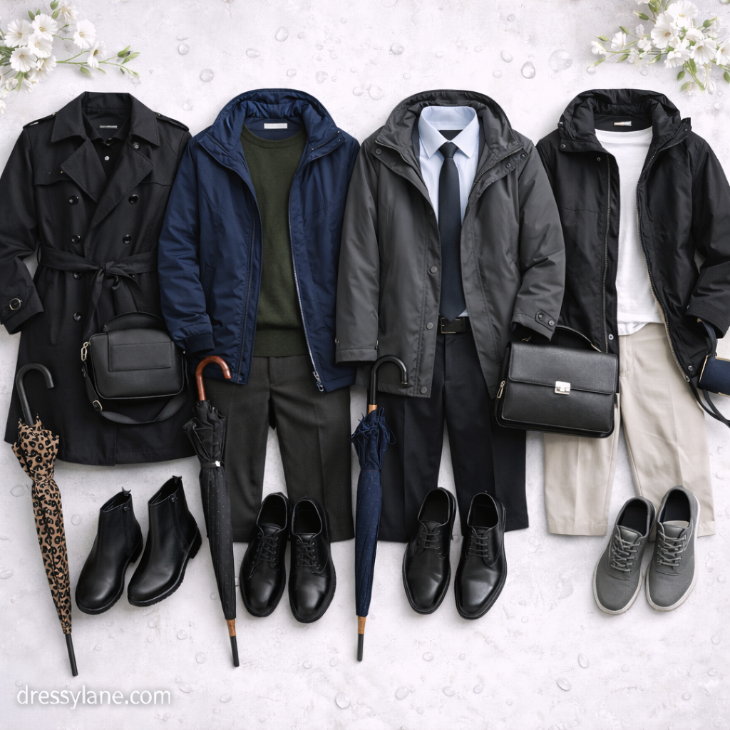 Flat lay of men’s rainy day outfits featuring waterproof jackets, trench coats, trousers, boots, umbrellas, and weather-ready accessories.