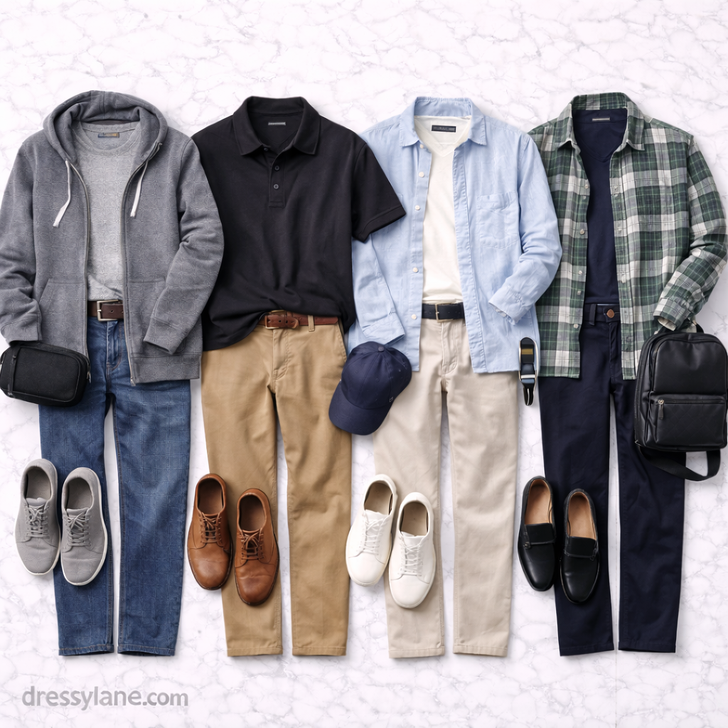 Flat lay of men’s wardrobe essentials featuring casual and polished outfits with shoes and accessories for rebuilding a functional closet.