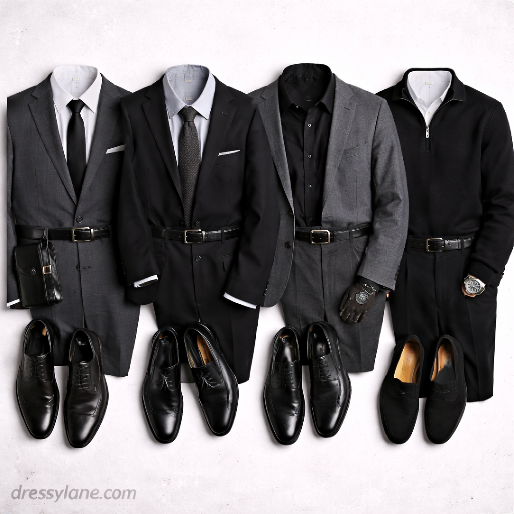 Flat lay of men’s religious funeral outfits featuring dark suits, blazers, dress shirts, ties, leather belts, polished dress shoes, and understated accessories.