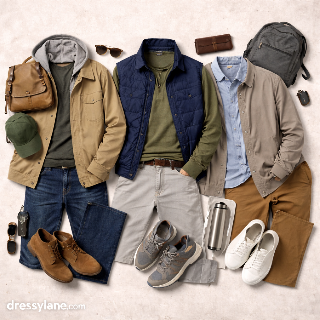 Flat lay of men’s transitional outfits with jackets, shirts, pants, shoes, and accessories arranged for changing seasons.