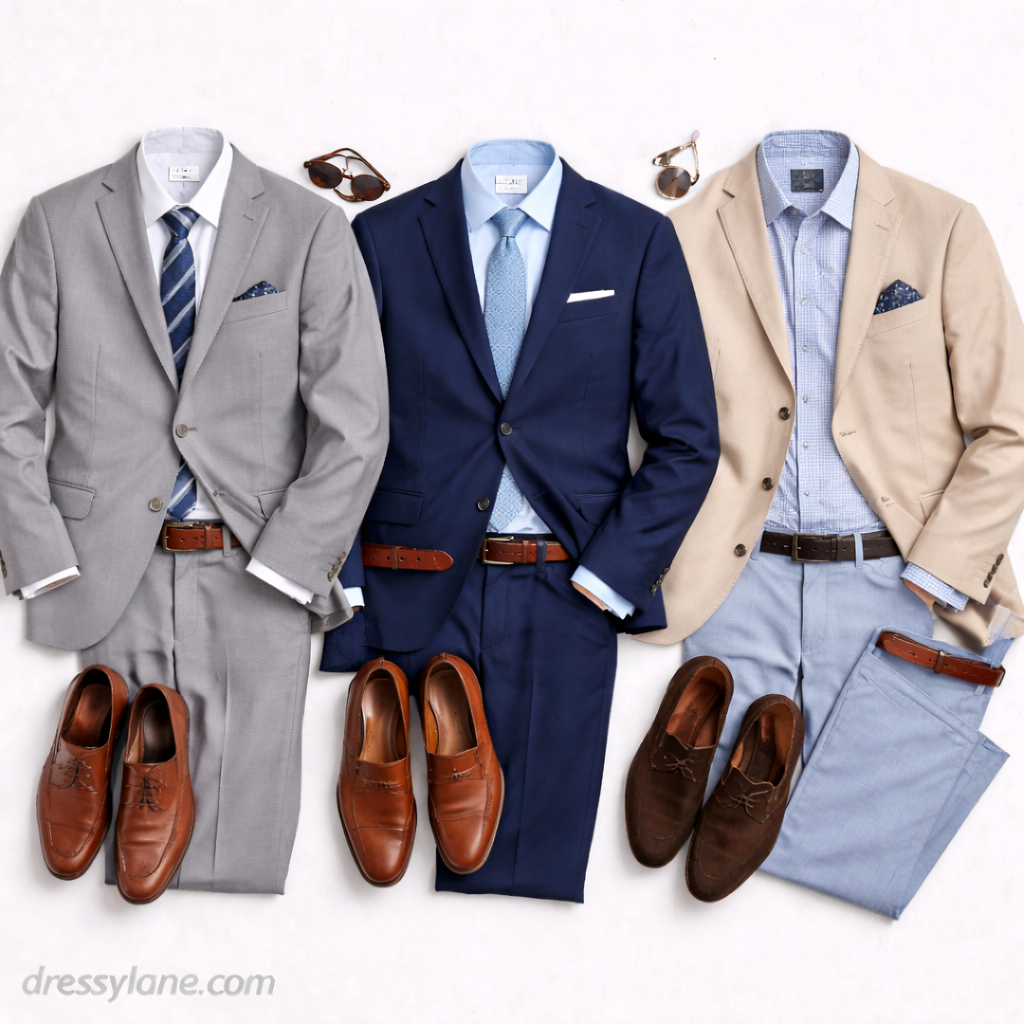 Flat lay of men’s semi-formal wedding outfits featuring tailored suits, dress shirts, leather shoes, belts, and refined accessories in neutral tones.