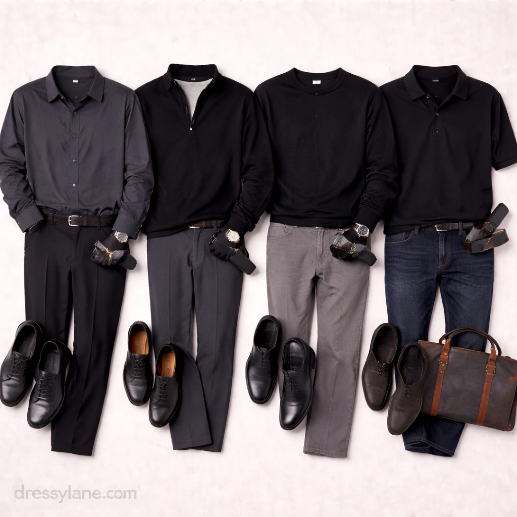 Flat lay of men’s respectful non-formal outfits featuring dark shirts, sweaters, trousers, shoes, and understated accessories for serious occasions.