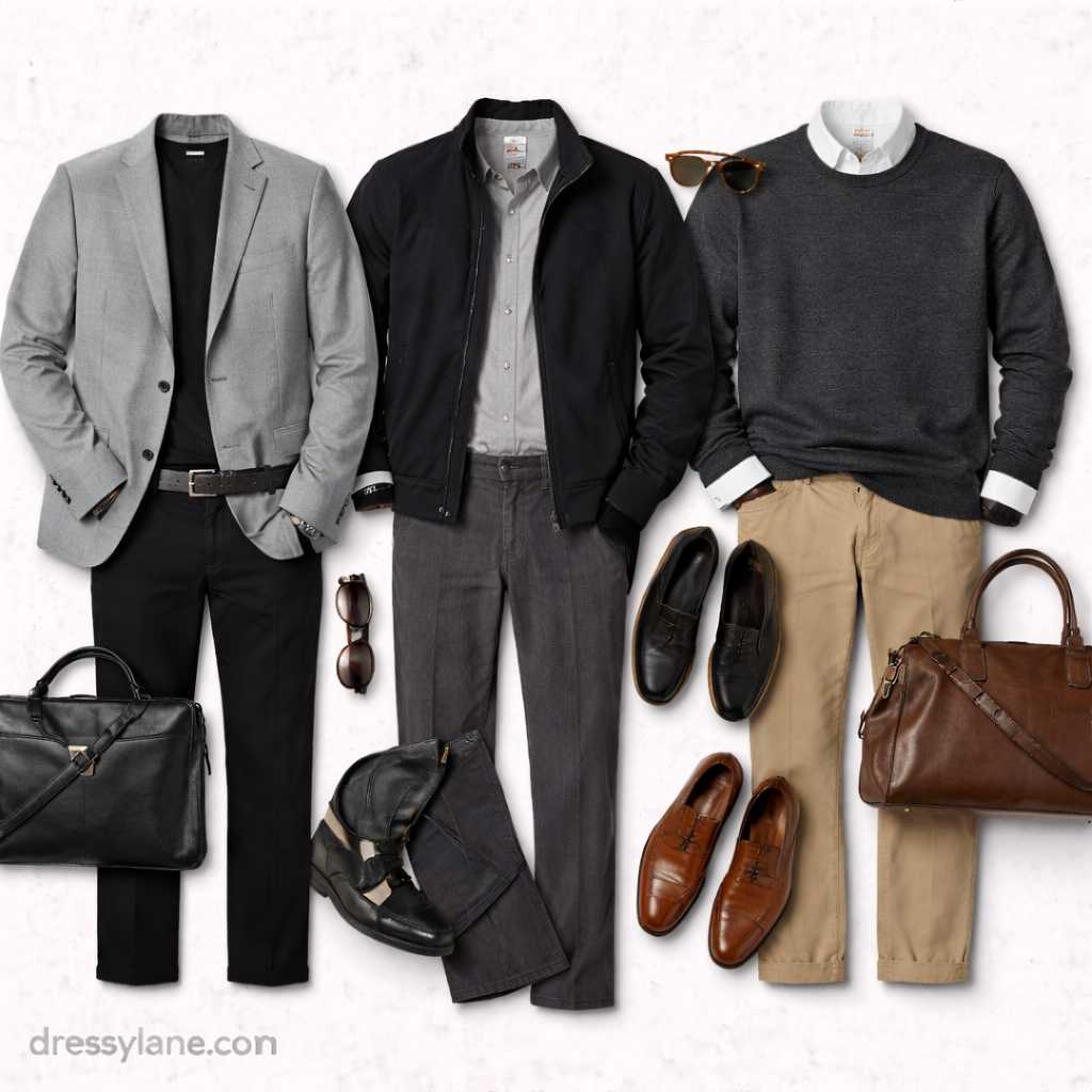 Flat lay of men’s simple, respectful outfits featuring dark shirts, sweaters, trousers, shoes, and understated accessories suitable for serious events.