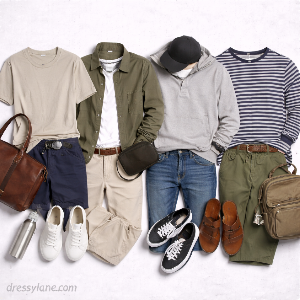 Flat lay of men’s simple everyday outfits featuring neutral T-shirts, button-down shirts, polos, relaxed pants, jeans, sneakers, leather shoes, and minimal accessories.