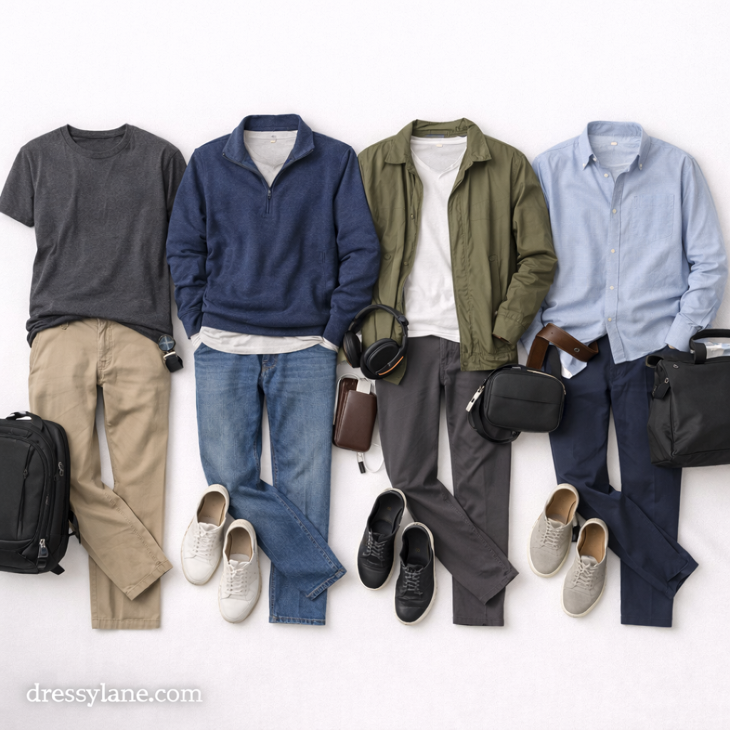 Flat lay of men’s simple, comfortable outfits featuring neutral shirts, full-length pants, sneakers, and everyday accessories.