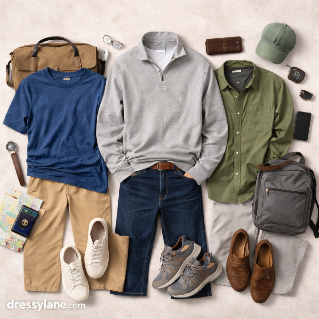 Flat lay of men’s casual outfits with shirts, pants, shoes, bags, and accessories arranged for simple everyday style.
