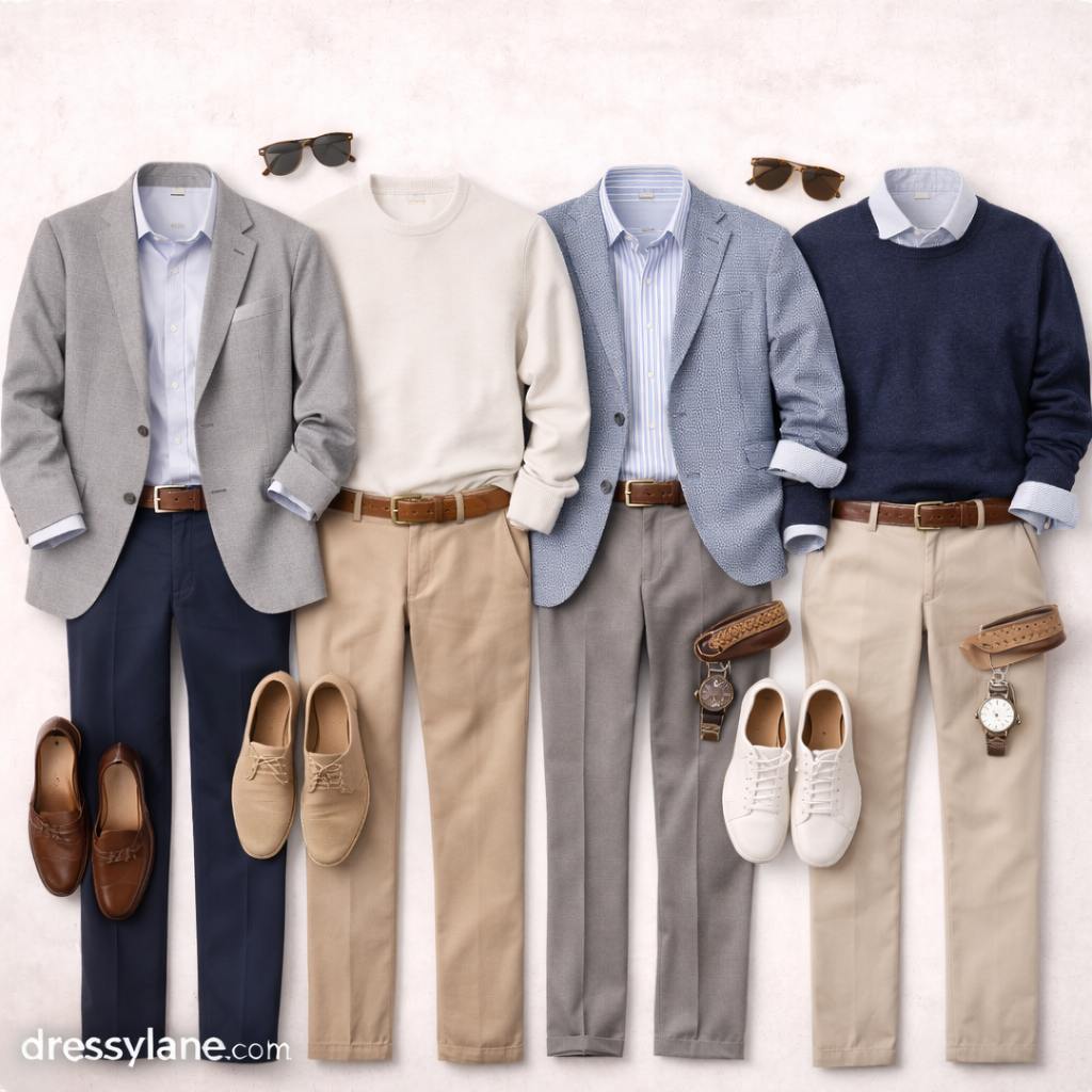 Flat lay of men’s smart casual work outfits featuring blazers, sweaters, button-down shirts, full-length pants, shoes, and professional accessories.