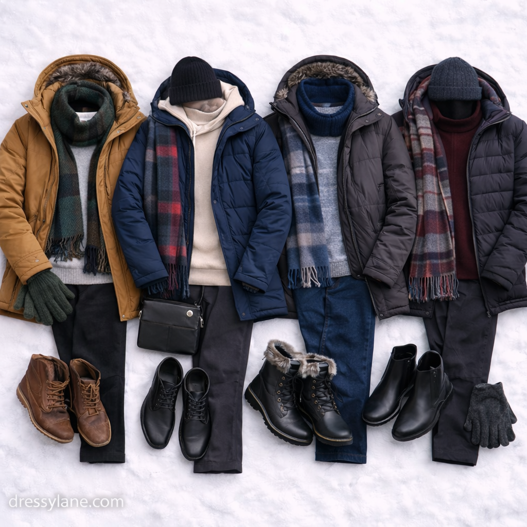 Flat lay of men’s snowy day outfits featuring winter coats, sweaters, pants, boots, scarves, gloves, and cold-weather accessories arranged neatly.