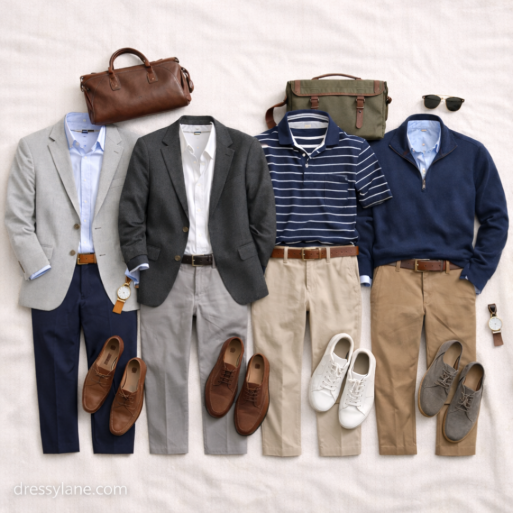 Flat lay of men’s startup office outfits featuring full-length trousers, blazers, button-down shirts, polos, dress shoes, sneakers, and modern work accessories.
