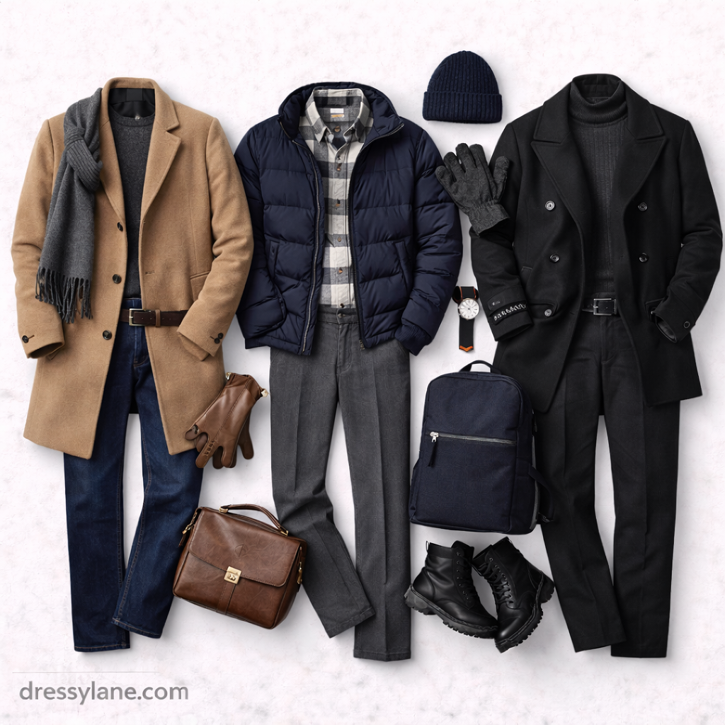 Flat lay of men’s cold-weather outfits featuring coats, sweaters, full-length pants, boots, scarves, and winter accessories in neutral tones.