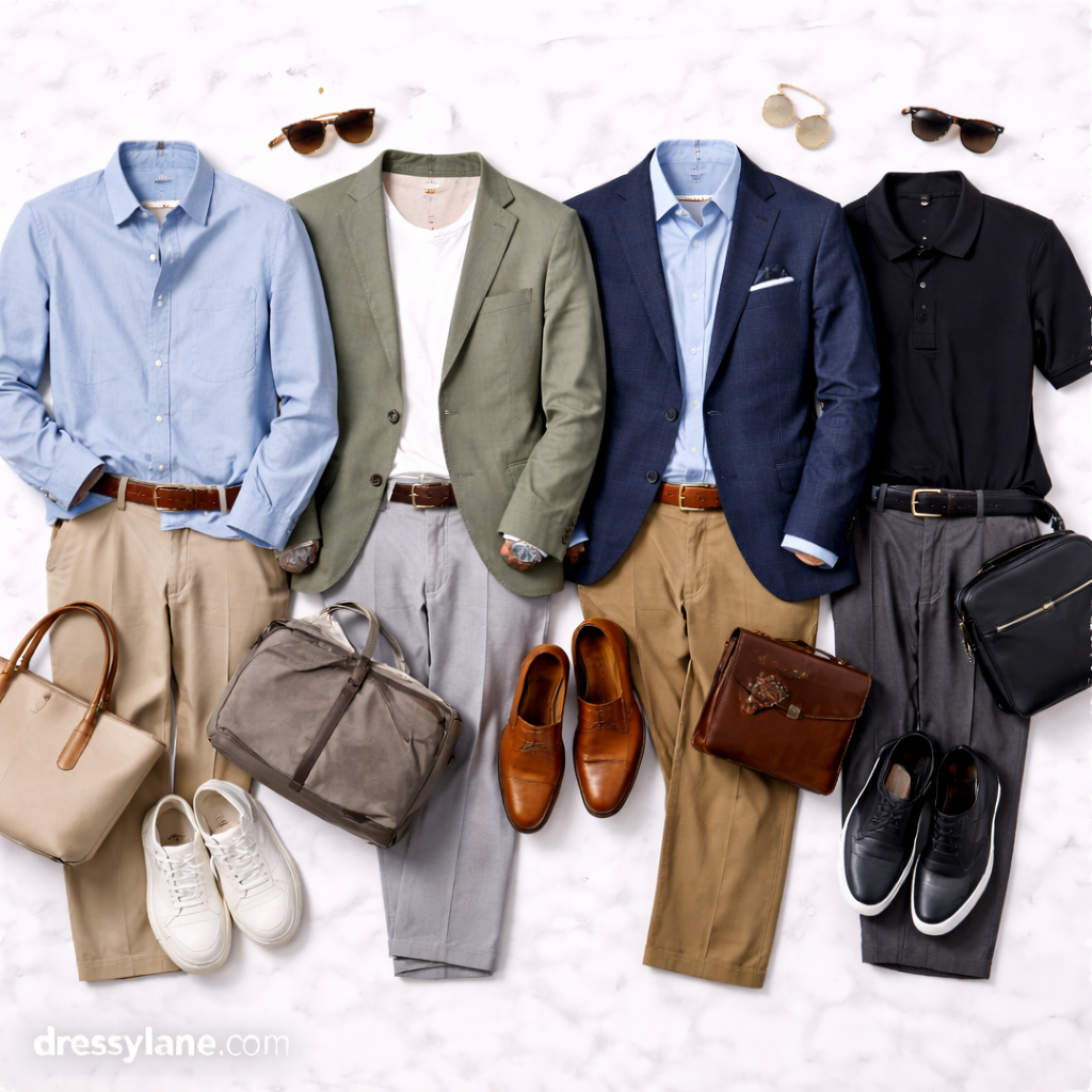 Flat lay of men’s versatile outfits styled for multiple events, including shirts, blazers, trousers, shoes, bags, and accessories arranged on a light background.