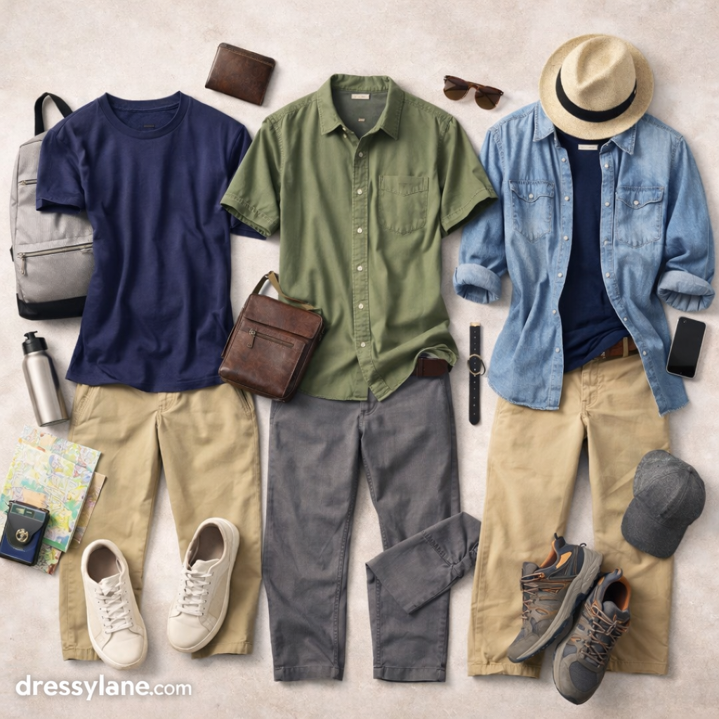Flat lay of men’s tourist outfits including shirts, full-length pants, sneakers, walking shoes, bags, and travel accessories arranged for sightseeing.