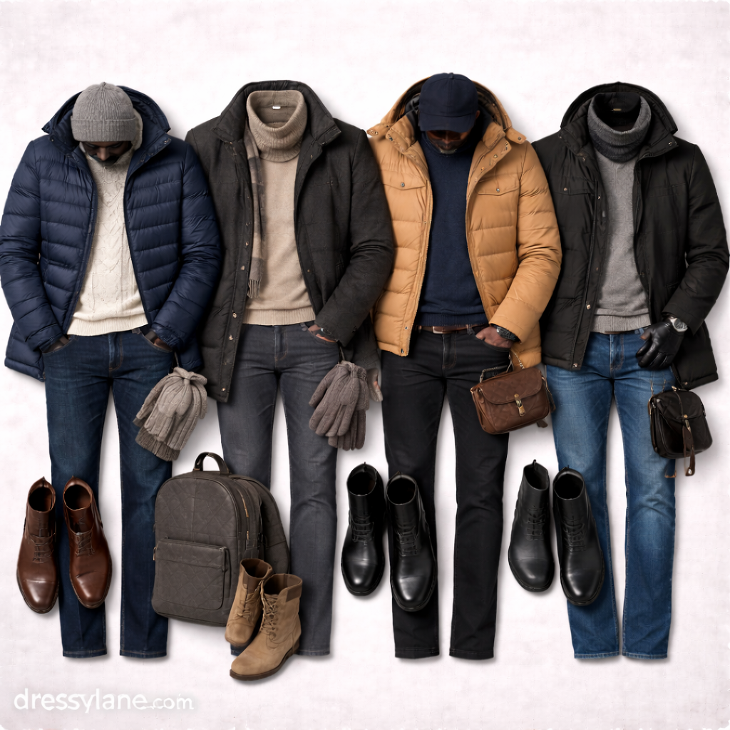 Flat lay of men’s winter travel outfits featuring insulated jackets, sweaters, scarves, full-length pants, boots, bags, and cold-weather accessories.