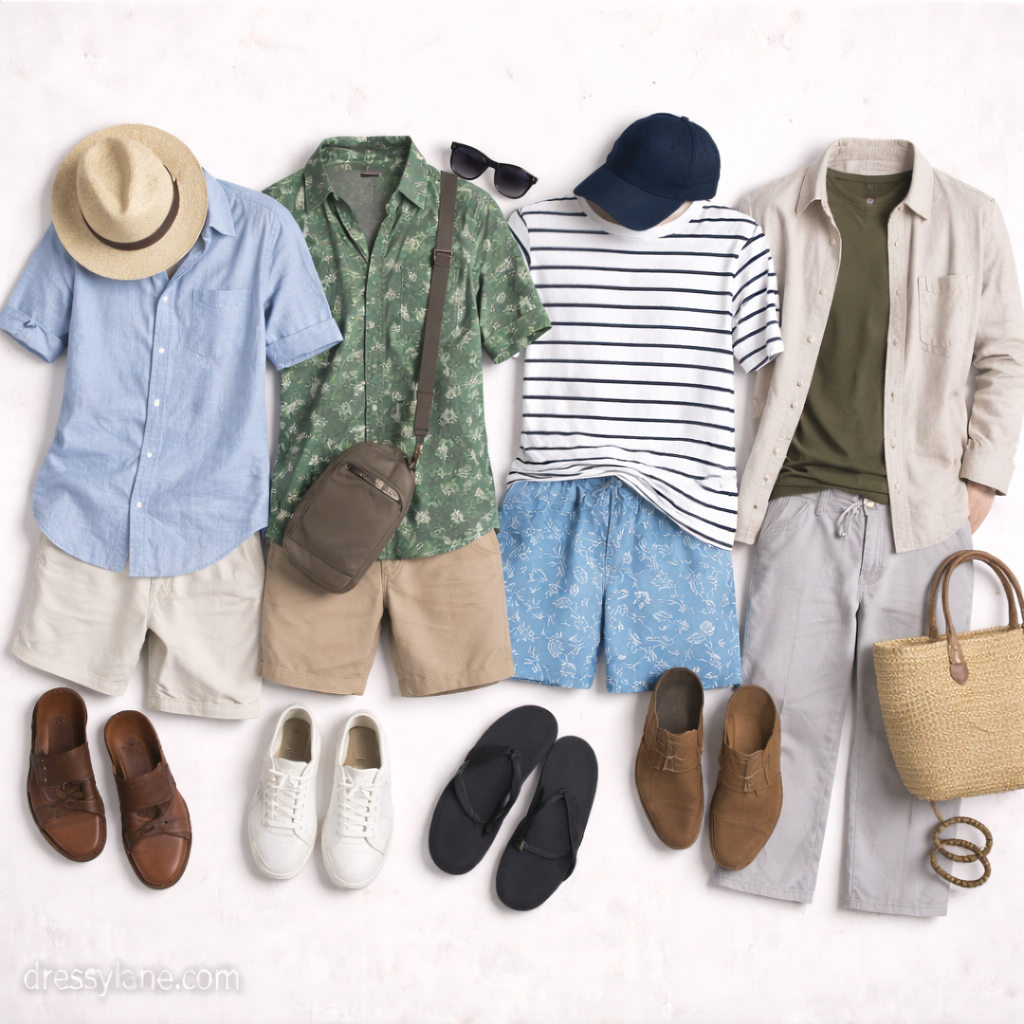 Flat lay of men’s vacation outfits featuring short-sleeve shirts, casual shorts, relaxed pants, sneakers, sandals, and travel accessories.