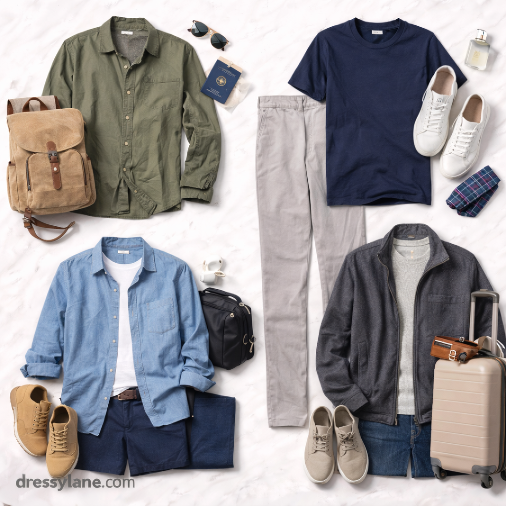 Flat lay of men’s versatile travel outfits featuring shirts, trousers, jackets, shoes, bags, and accessories arranged neatly on a light background.