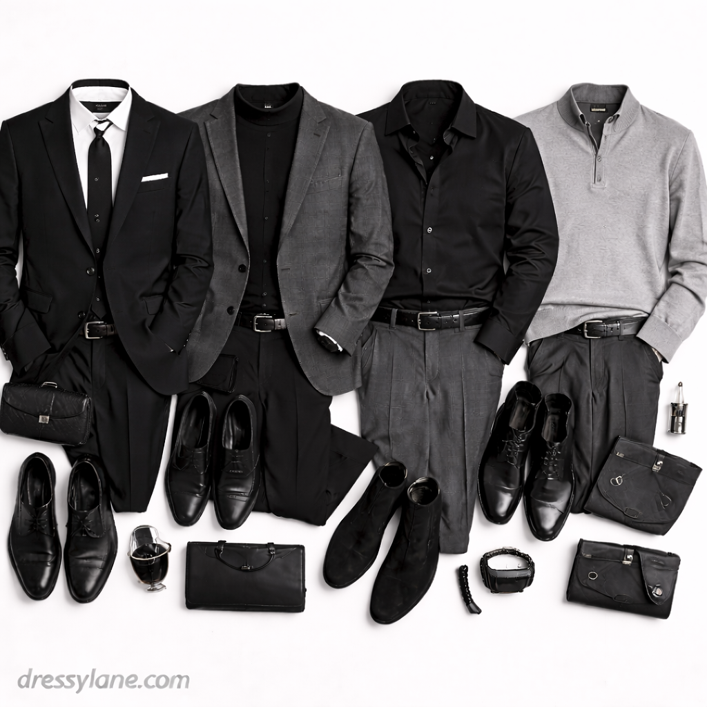 Flat lay of men’s wake outfits featuring dark suits, blazers, button-down shirts, tailored trousers, dress shoes, and understated accessories.