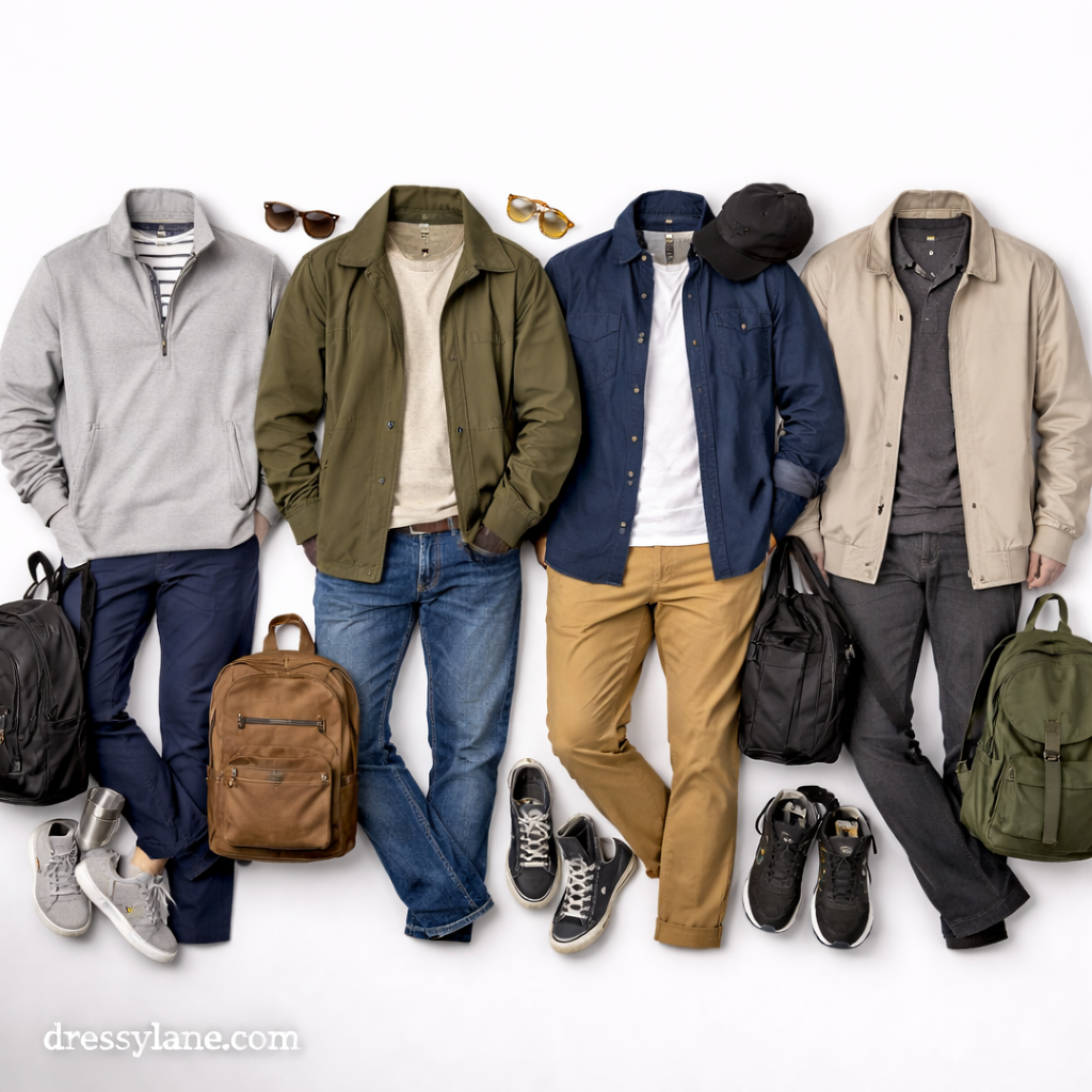 Flat lay of men’s comfortable and stylish outfits designed for walking all day, including casual layers, sneakers, and travel-ready accessories.