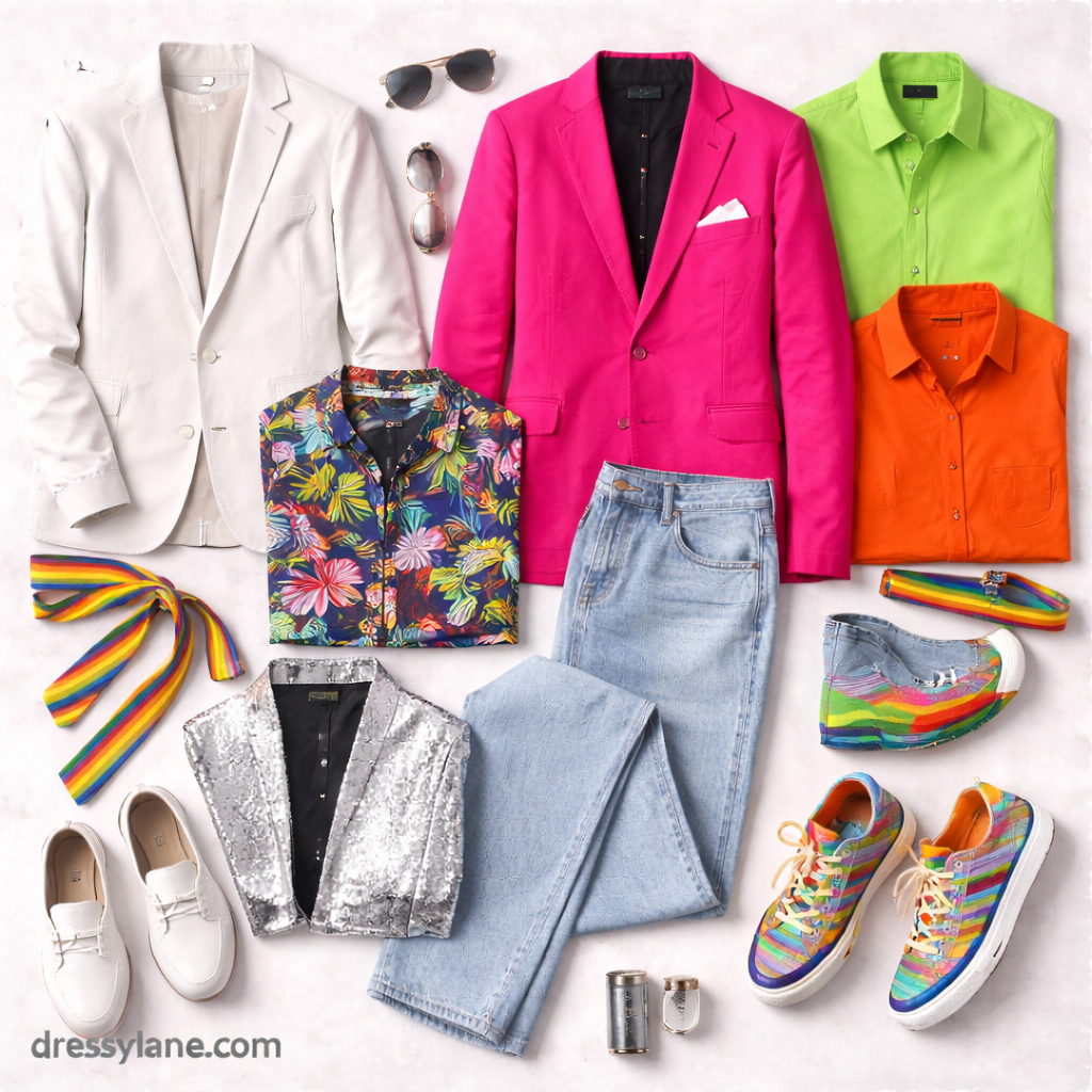 Flat lay of men’s clothing in white, neon, bright pink, metallic silver, and bold patterns, showing wedding guest outfit colors that are best to avoid.