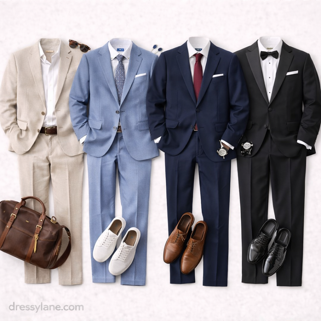 Flat lay of men’s wedding guest outfits featuring suits and tuxedos in light and dark tones with coordinated shoes and accessories.