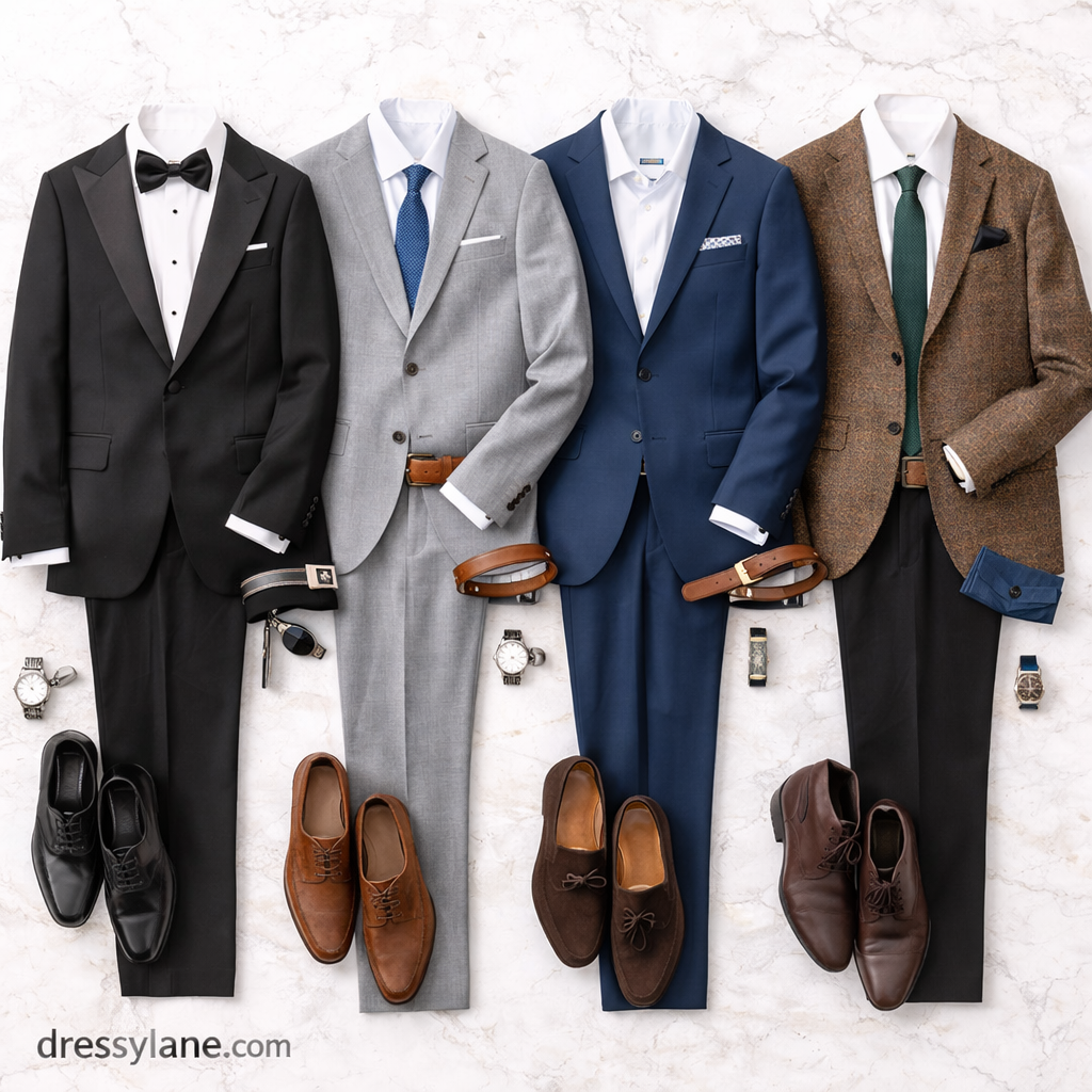 Flat lay of men’s wedding guest outfits paired with formal dress shoes and coordinated accessories.