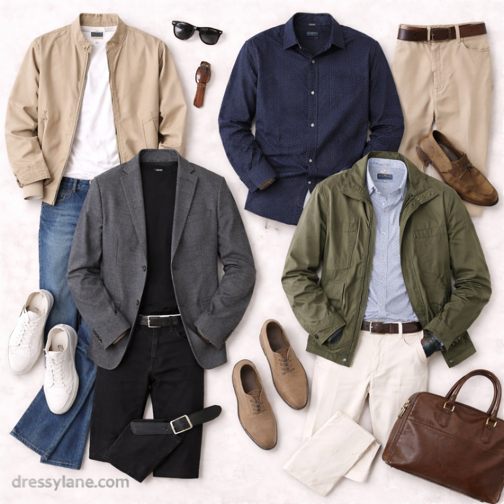 Flat lay of men’s versatile outfits featuring casual and smart-casual clothing, jackets, shirts, trousers, shoes, and accessories for uncertain dress codes.