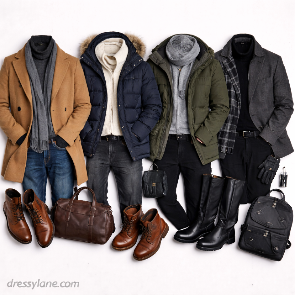 Flat lay of men’s winter outfits featuring coats, sweaters, scarves, boots, bags, and cold-weather accessories in neutral tones.