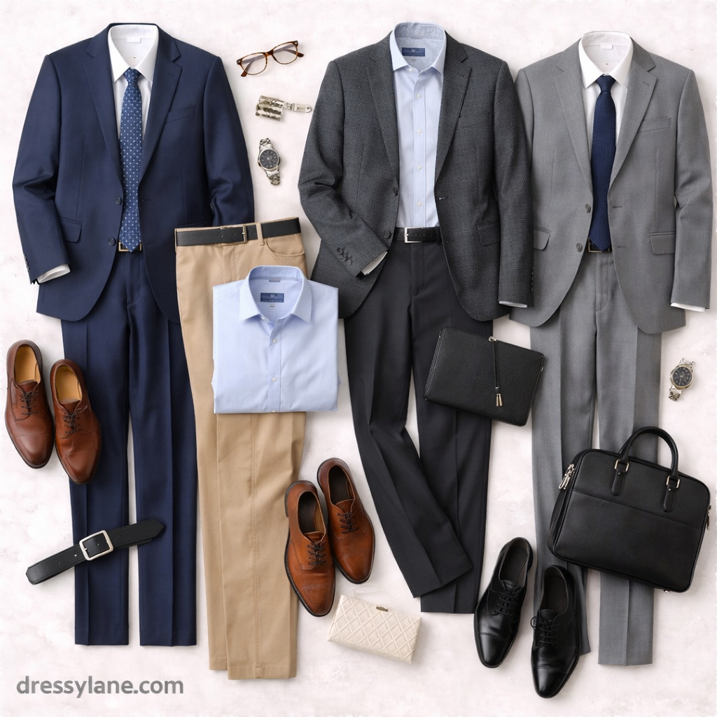 Flat lay of men’s professional work presentation outfits featuring tailored suits, dress shirts, full-length trousers, leather shoes, and refined accessories.