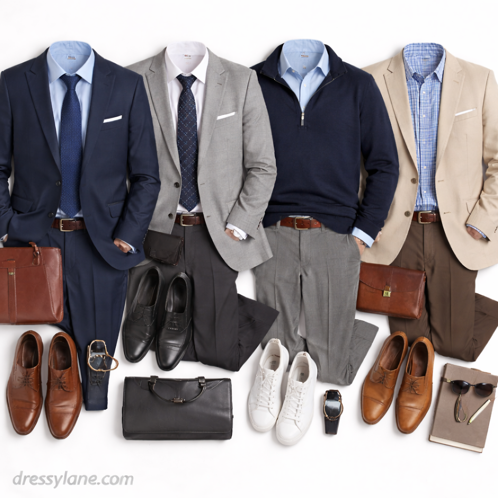 Flat lay of men’s Zoom interview outfits featuring blazers, button-down shirts, sweaters, trousers, dress shoes, sneakers, and professional accessories.