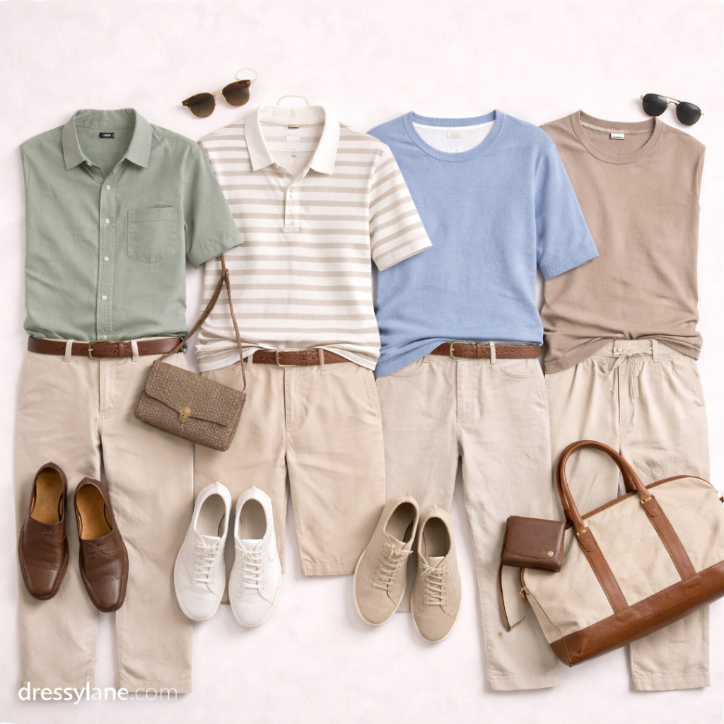 Flat lay of men’s beige outfits paired with complementary colors, featuring full-length pants, neutral shirts, and casual accessories.