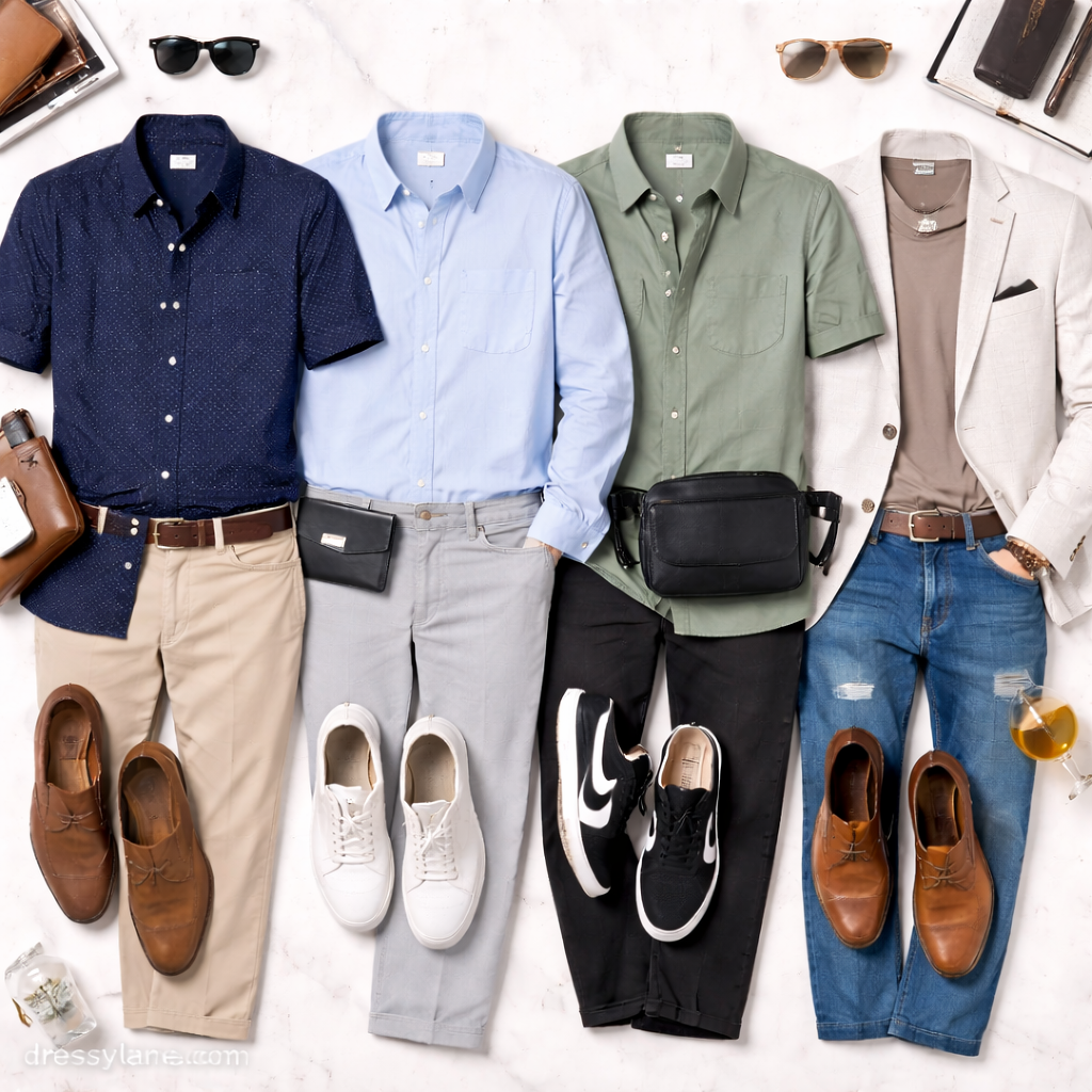 Flat lay of men’s birthday party outfits featuring smart-casual shirts, chinos, jeans, shoes, and accessories.