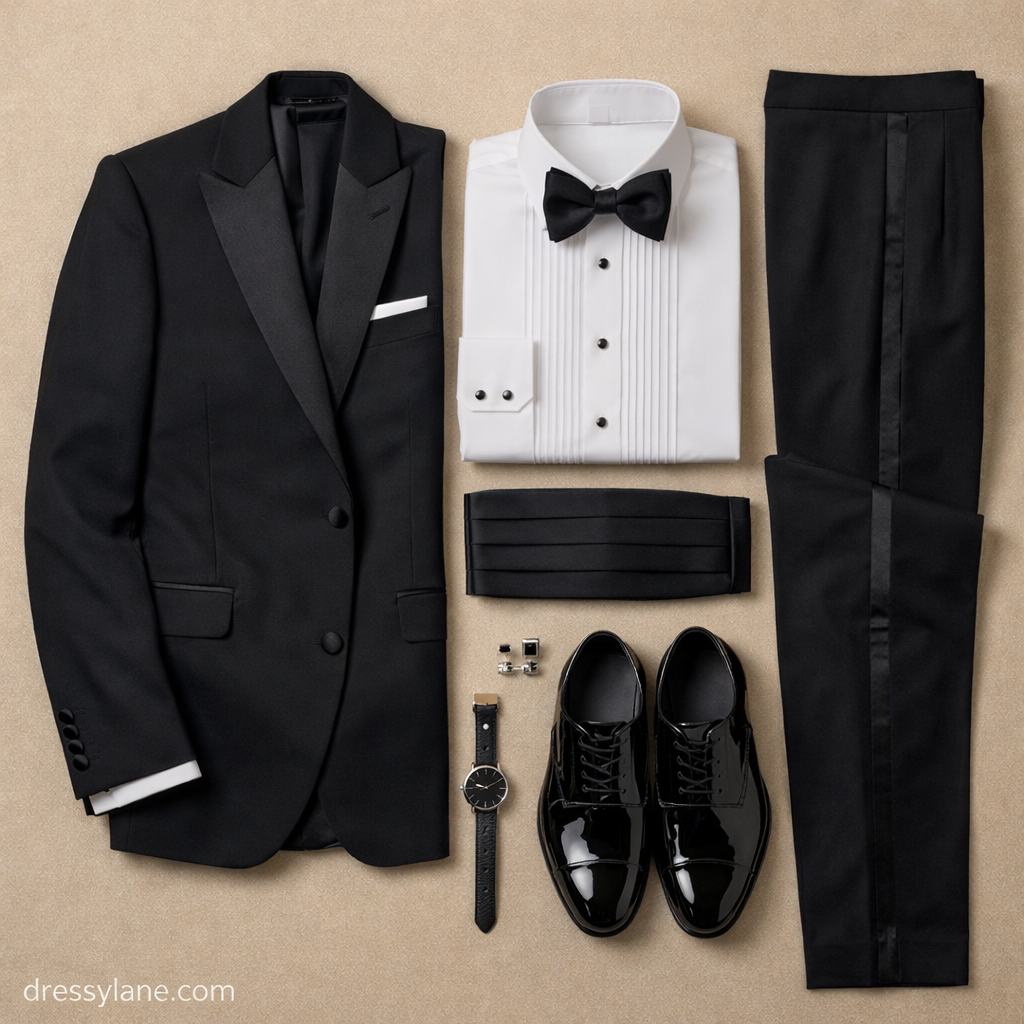 Flat lay of men’s black tie wedding attire including a tuxedo jacket, formal shirt, bow tie, dress shoes, and accessories.