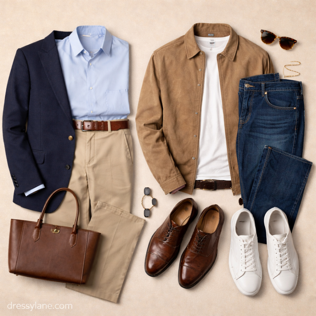Flat lay of men’s business casual and smart casual outfits with curated clothing pieces and accessories.