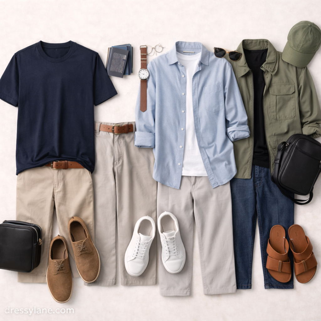 Flat lay of men’s capsule wardrobe essentials featuring neutral t-shirts, button-down shirts, versatile pants, classic shoes, and minimalist accessories arranged for everyday style.
