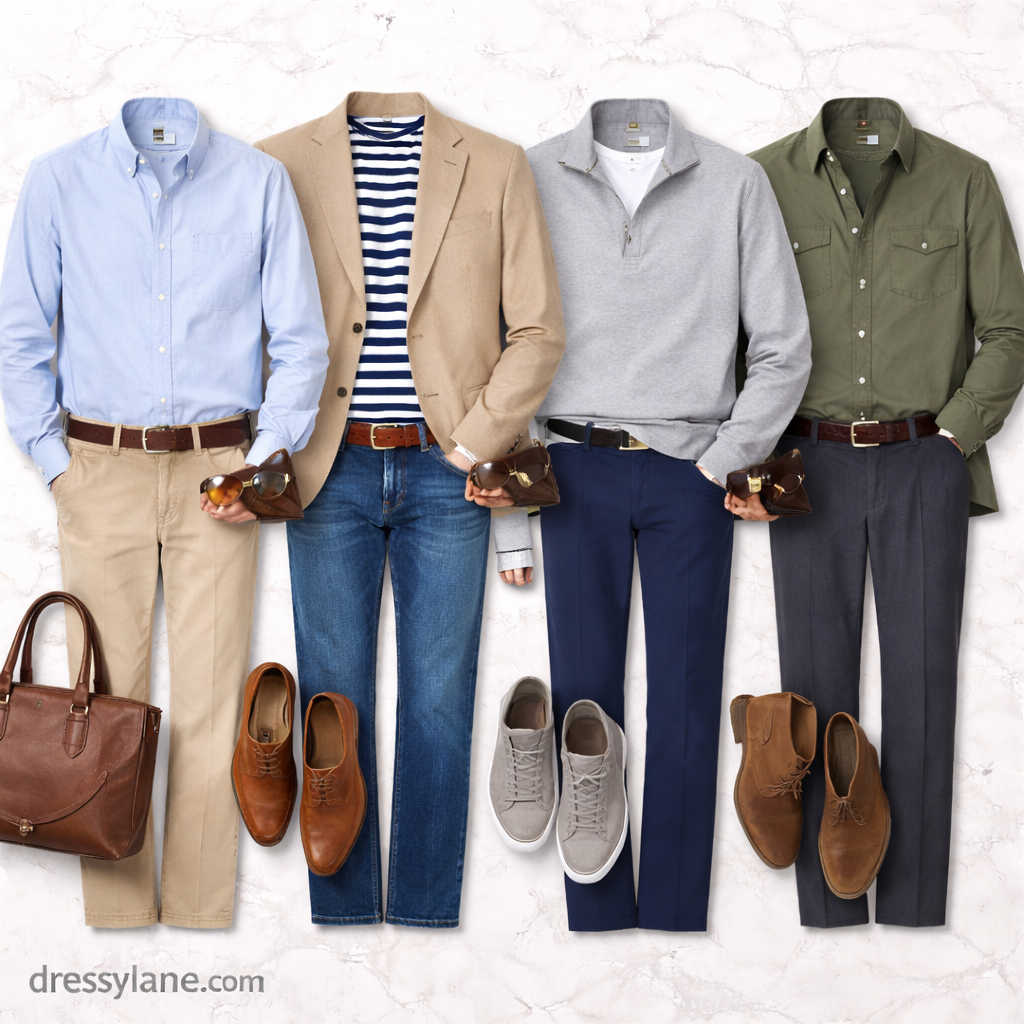 Flat lay of men’s Casual Friday work outfits with shirts, pants, shoes, and coordinated accessories.