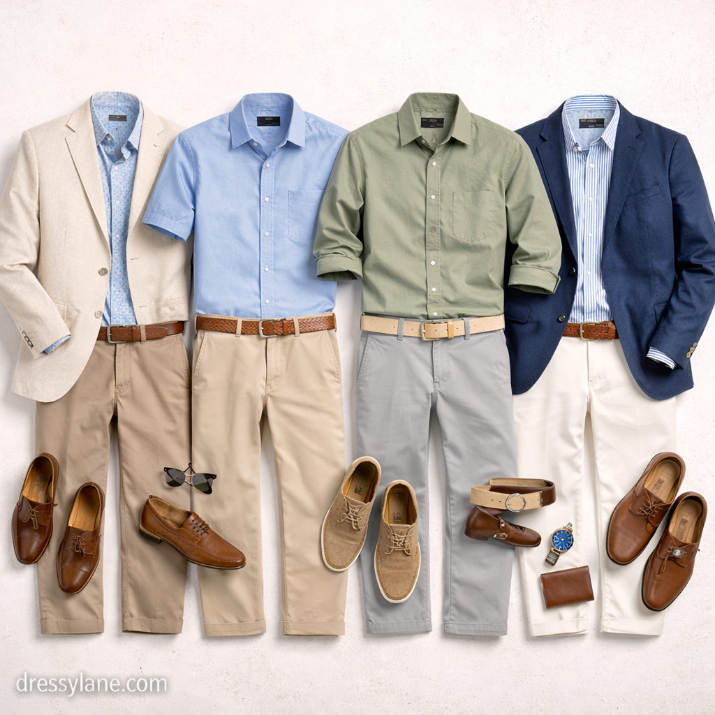 Flat lay of men’s casual wedding guest outfits featuring full-length pants, shirts, blazers, dress shoes, and coordinated accessories.