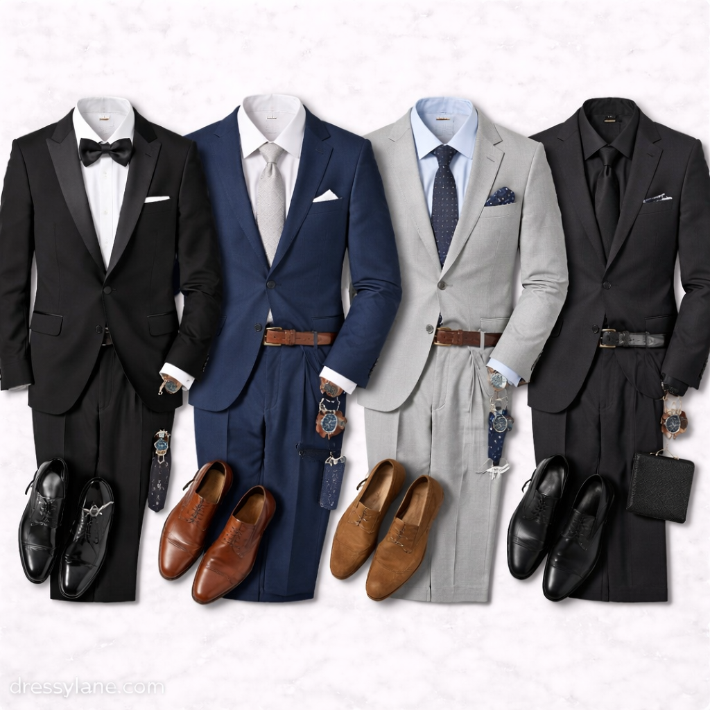 Flat lay of men’s charity ball outfits featuring tuxedos and formal suits in black, navy, and gray, paired with dress shoes, ties, pocket squares, and classic accessories arranged for a formal event.
